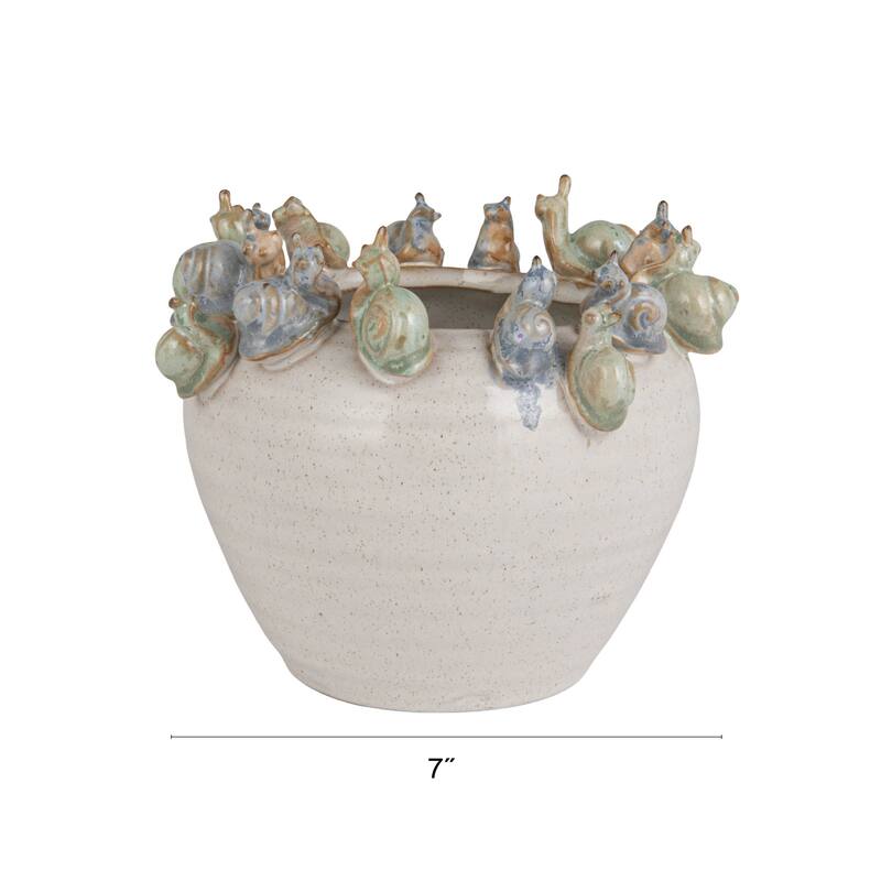 Stoneware Planter with 3D Snails on Rim in Reactive Speckled Glaze - 7.13"L x 6.88"W x 6.13"H