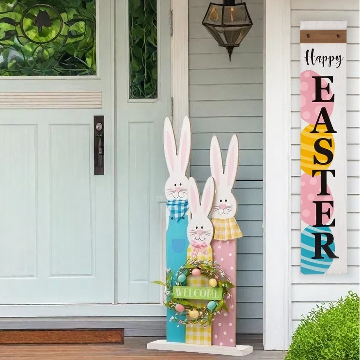 Glitzhome Easter Wooden Bunny Family Porch Sign with Wreath Welcome Wall Decor Party Supplies Props