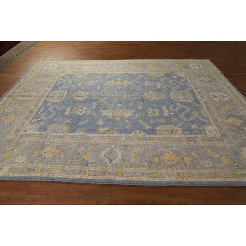 Hand Knotted Oriental 100% Wool Carpet Transitional All-Over Navy Blue & Blues Oushak Area Rug - 9' 9'' X 8' 2''