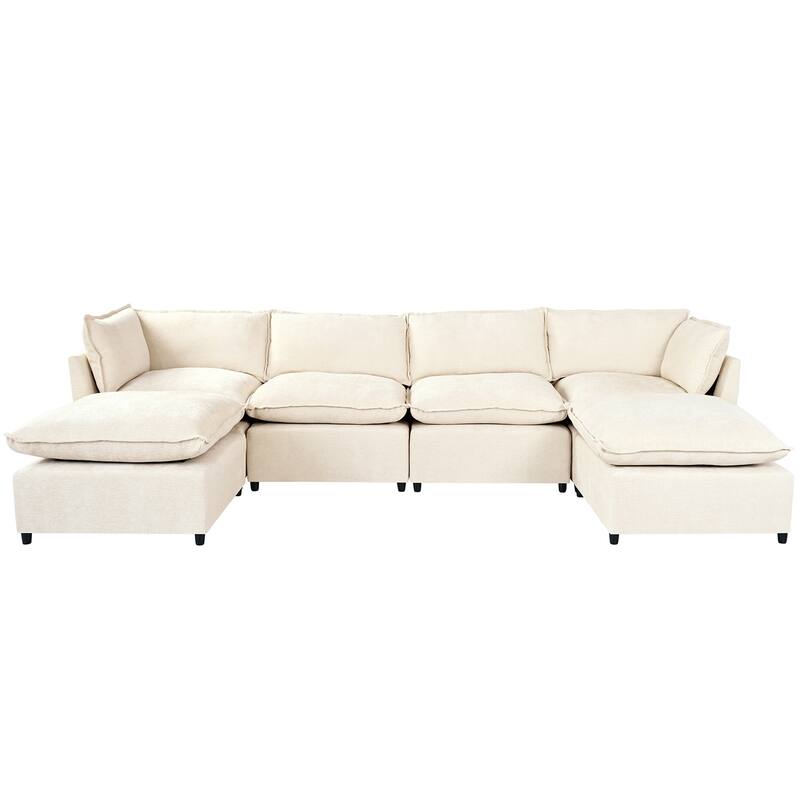 U-Shape Sectional Sofa Upholstered Couch with Removable Cushions and Solid Wood Frame, Modular Sofa 2 with Movable Ottoman