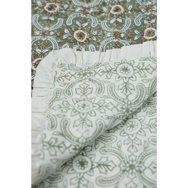 Fabdivine Luxury Hand Block Print Cotton Quilt Floral Boho Bedding for Bedroom & Sofa, Green White Handmade Reversible Bedspread
