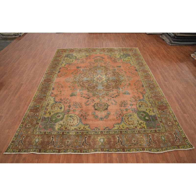 Hand Knotted Oriental 100% Wool Carpet Traditional Floral Coral Tabriz Area Rug - 11' 10'' X 9' 3''