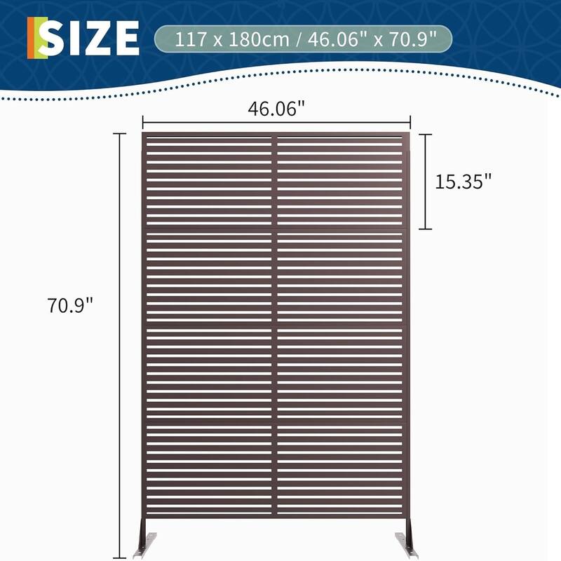 1PCS 72 in H x 46 in W Metal Privacy Screen Panel Freestanding Outdoor Divider with Stand Stripe01-Brown
