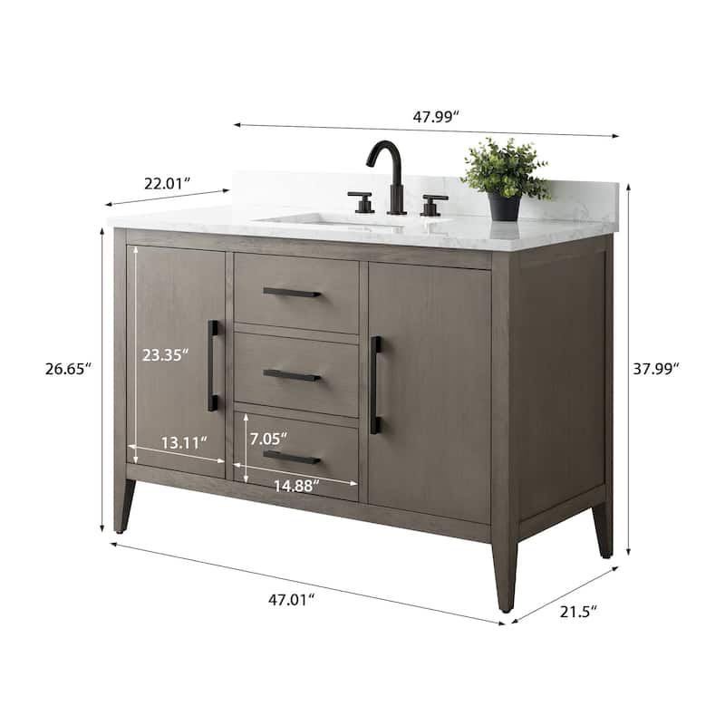 Vanity Art 48" Single Sink Bathroom Vanity Cabinet with Engineered Marble Countertop