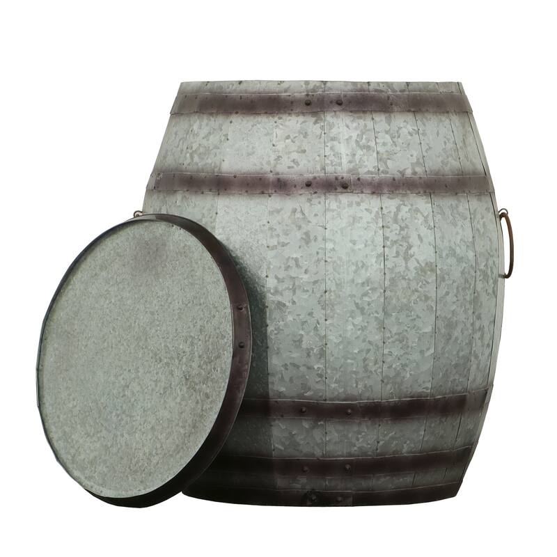 Barrel Drum Shape Storage Table with Removable Lid, Rustic Brown and Gray Metal