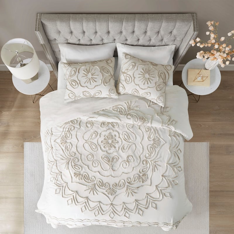 3 Piece Tufted Cotton Chenille Coverlet Set Ivory/Taupe Full/Queen