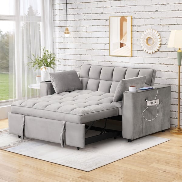 slide 2 of 41, 55" Multi-functional Velvet Sofa Bed with Cup Holder and USB Port for Living Room