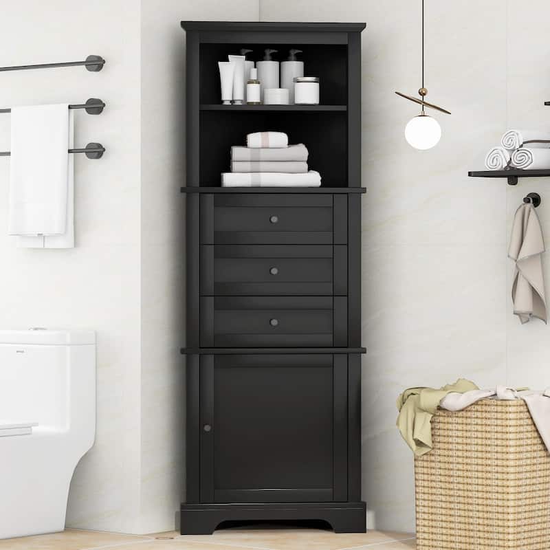 GDFStudio - Triangle Tall Corner Storage Cabinet with 3 Drawers and Adjustable Shelves for Bathroom