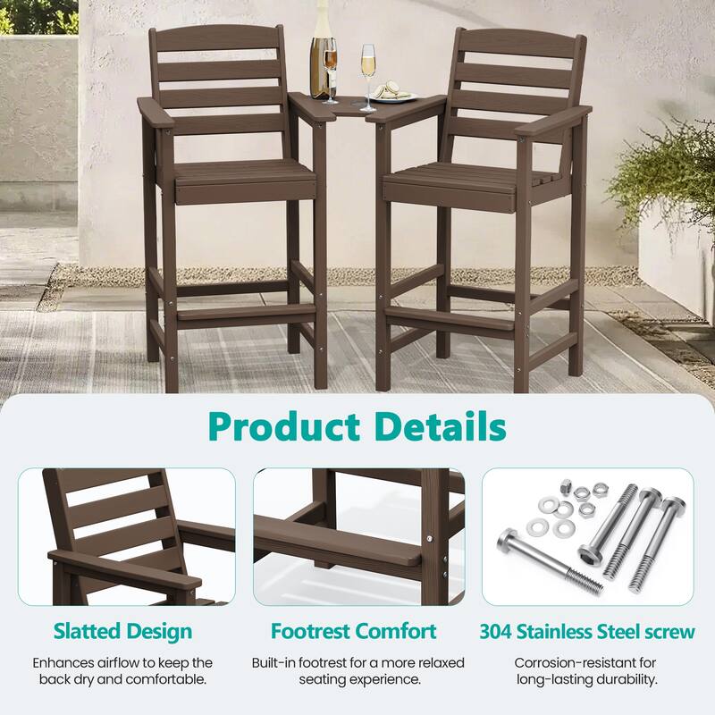 HDPE 2-Piece High Bar Stool Set with Umbrella-Compatible Connecting Panel