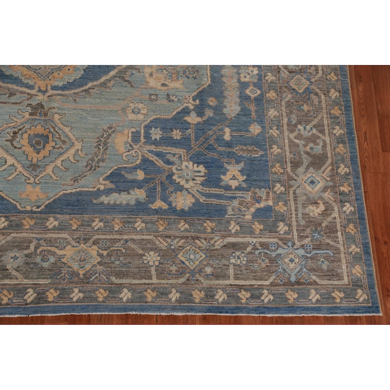 Hand Knotted Oriental 100% Wool Carpet Transitional Medallion Navy Blue & Blues Oushak Area Rug - 12' 1'' X 9' 1''