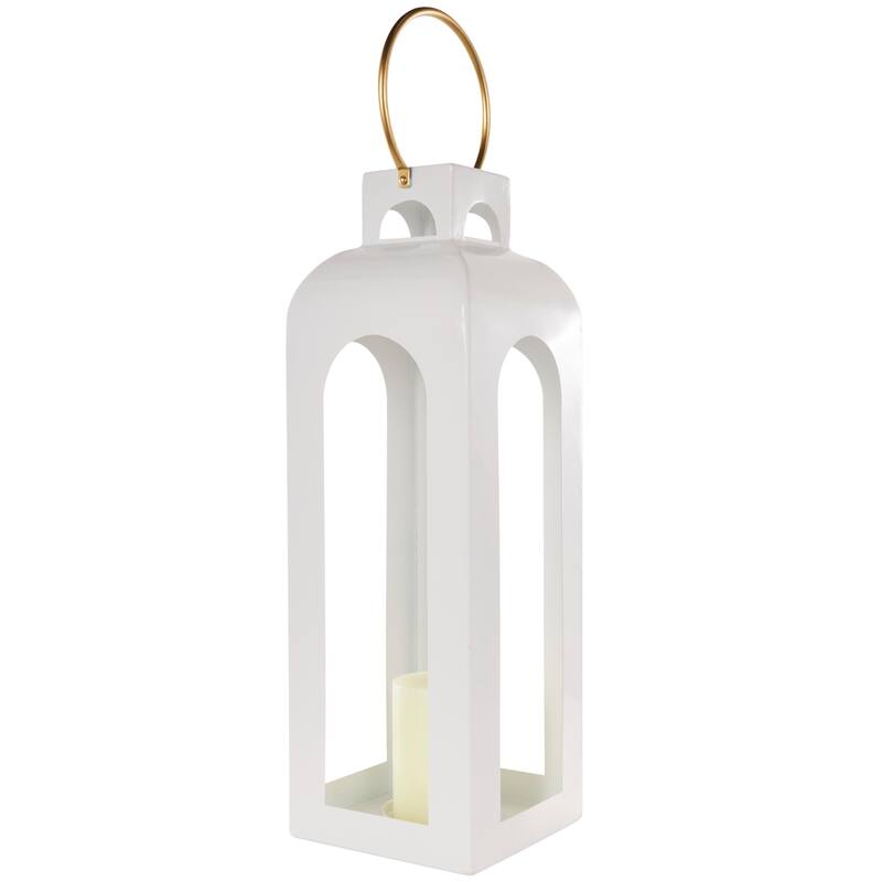 White Metal Tall Arched Cutout Candle Lantern with Gold Handle