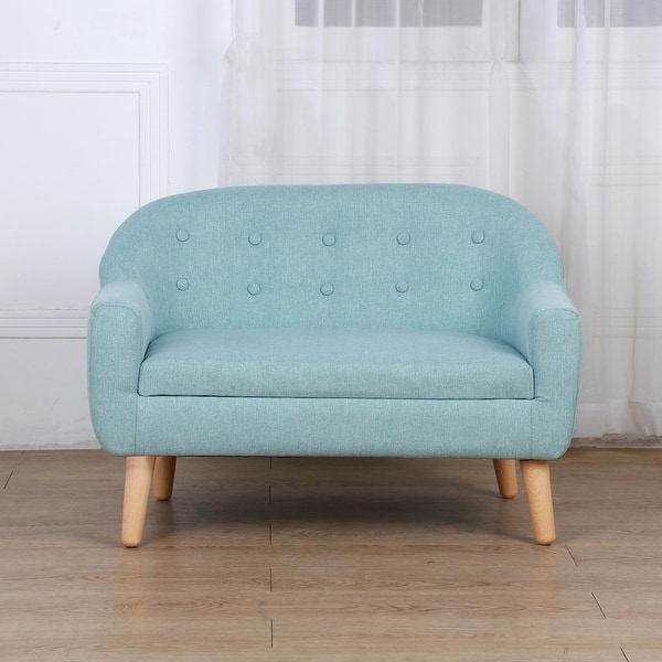 slide 2 of 19, Qaba Kids Sofa Linen Fabric Wooden 2 Seat Armrest Children Chair Cozy Blue