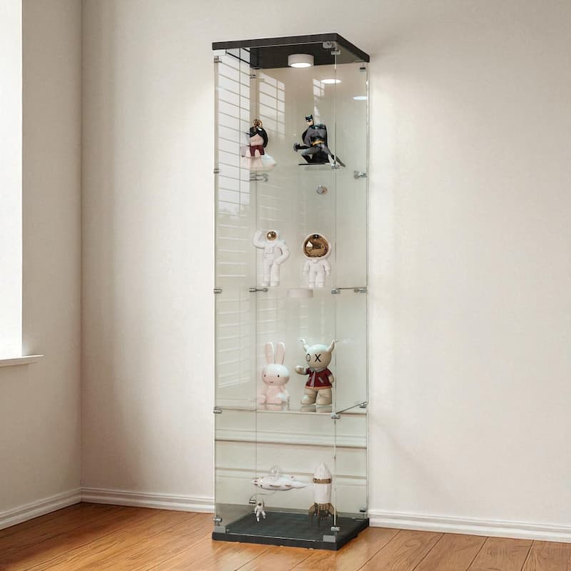 Tempered Glass Display Cabinet with Remote Control LED Lights, Lockable Storage Shelves and Adjustable Feet - Black