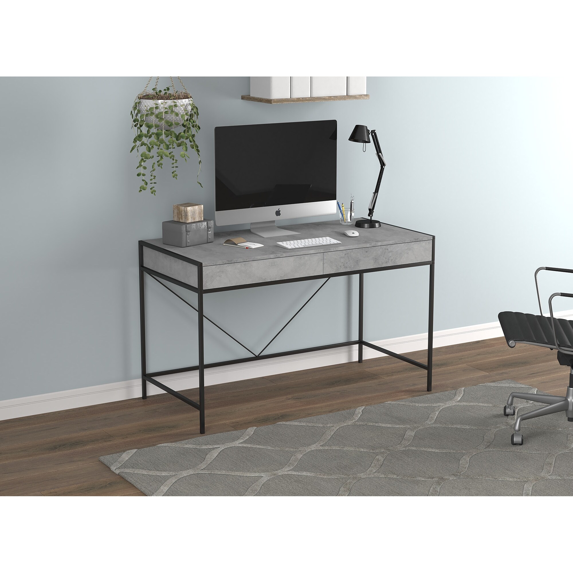 Computer Desk 49l Grey Cement 2 Drawers Black Metal Overstock 31734746