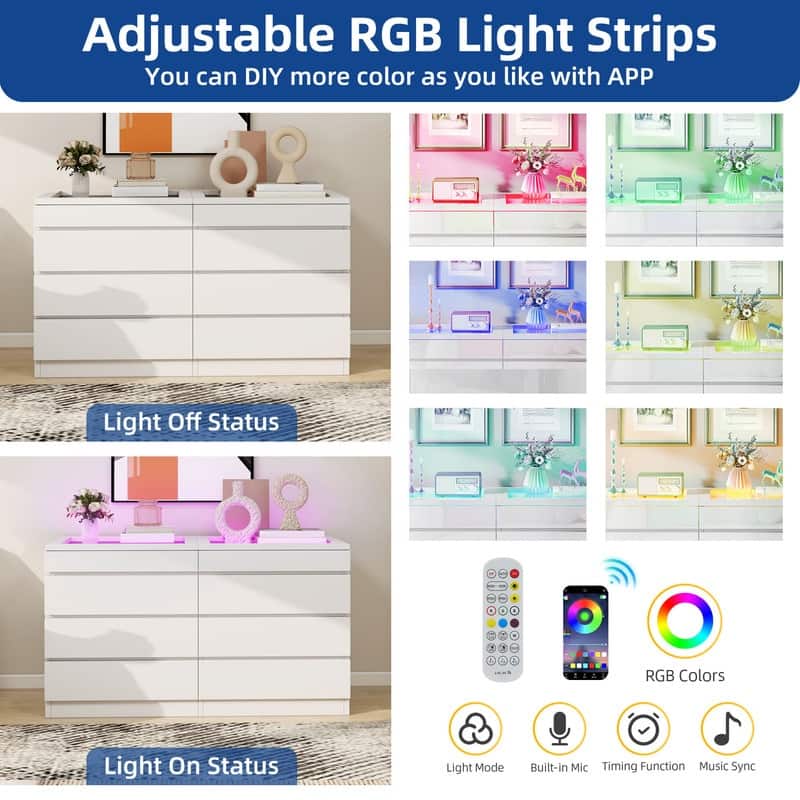 Moasis 4/8 Drawer Dresser Chest of Drawers Tempered Glass Top With LED Light