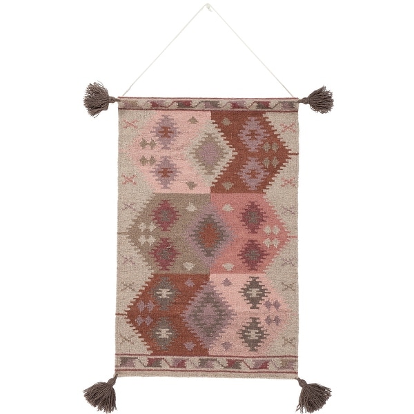 36” Taupe and Beige Southwestern Design Hand Woven Wall Hanging - N/A