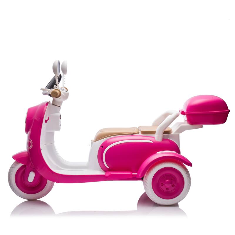 12V Ride-On Two-Seater Motorcycle for Kids, Three-Wheel Design, USB, Bluetooth, Adult Seat Flip, and Storage for Ages 3-6.