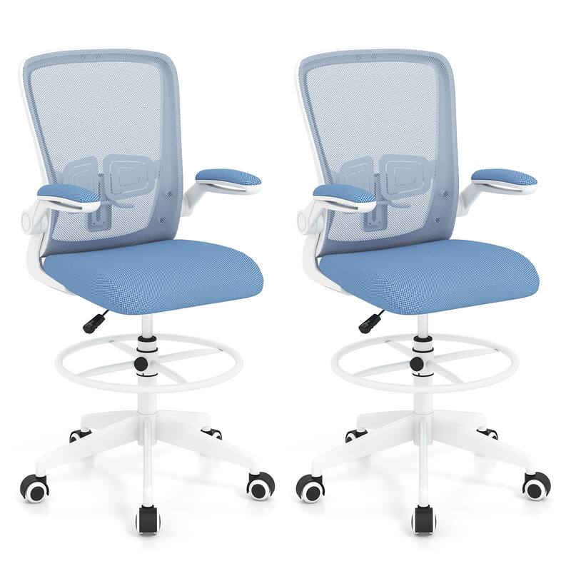 Gymax 2PCS Home Office Drafting Chair w/Flip-Up Armrests Adjustable - Blue