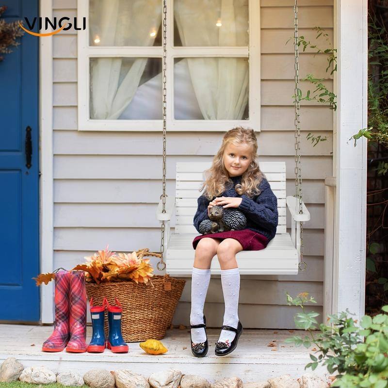 1-Person White Wooden Patio Porch Swing