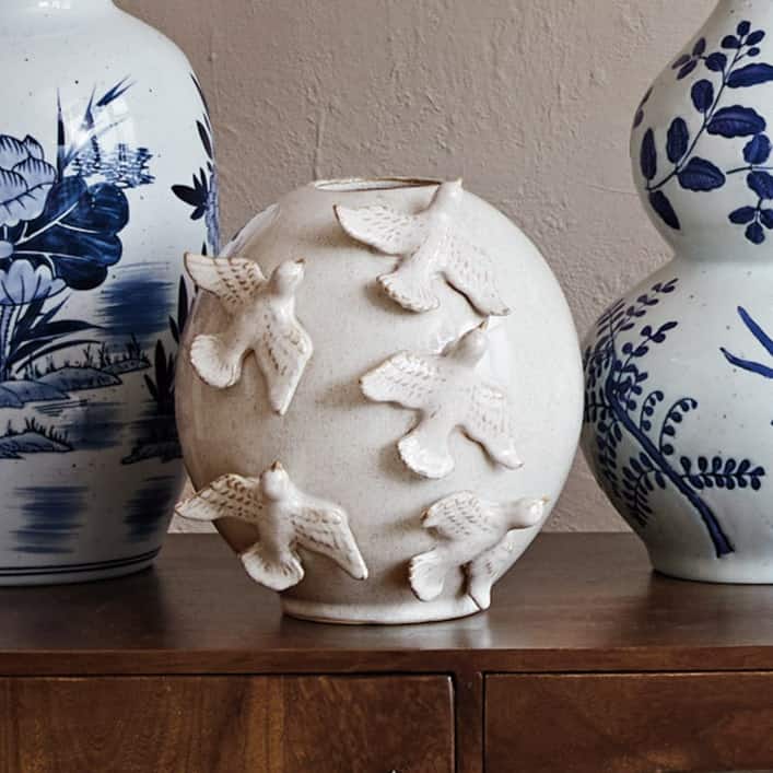Stoneware Vase with Birds and Reactive Glaze