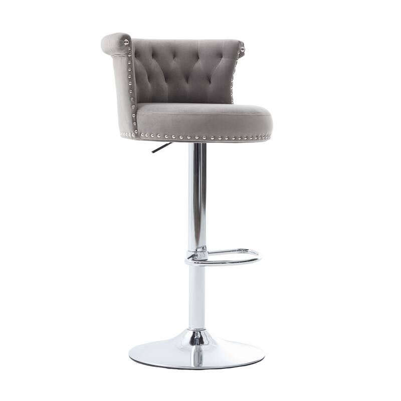 Velvet Upholstered Bar Stool Set of 2, Adjusatble Height Swivel Bar Stools, Dining Chairs with Curved Backrest & Footrest
