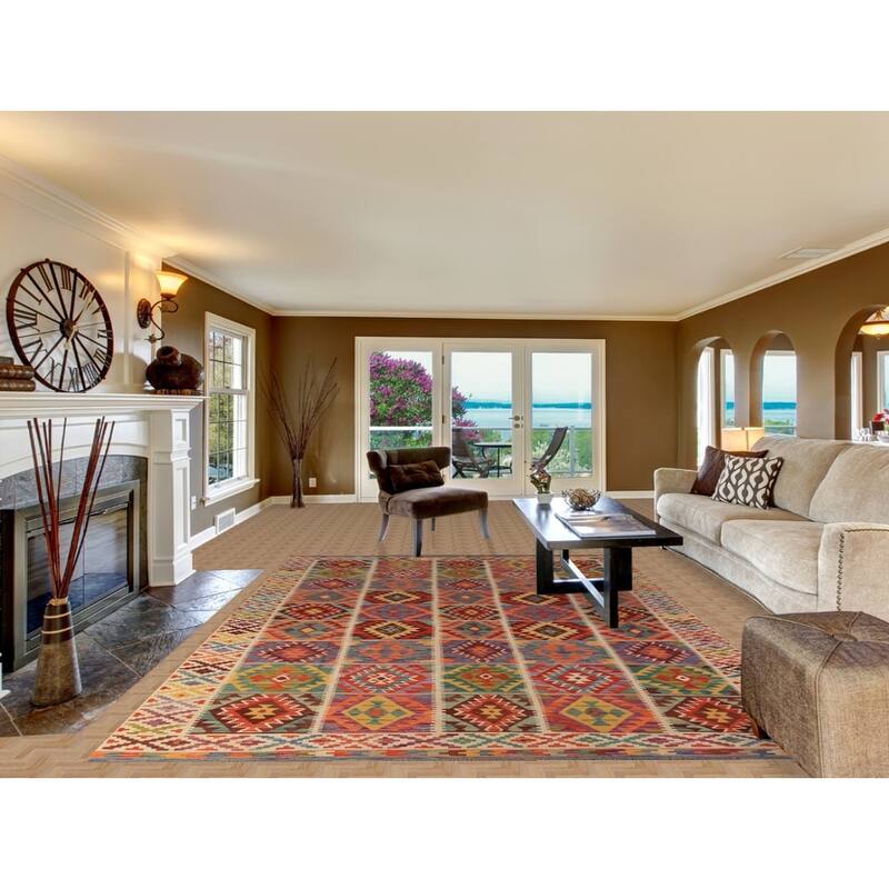 All-Over Geometric Kilim Area Rug Flatweave Wool Carpet - 8'0"x 11'7"
