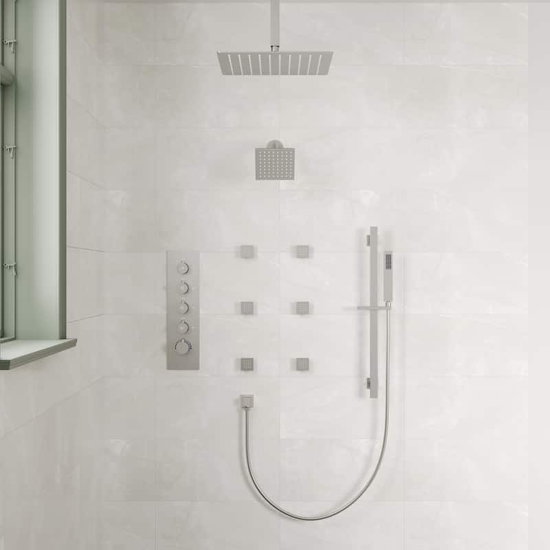 Thermostatic Rainfall Shower System with Handheld Spray, 16" & 6" Dual Shower Head and 6 Body Jets
