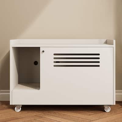 White Cat Litter Box Enclosure,Hidden Litter Box Furniture with top side fence