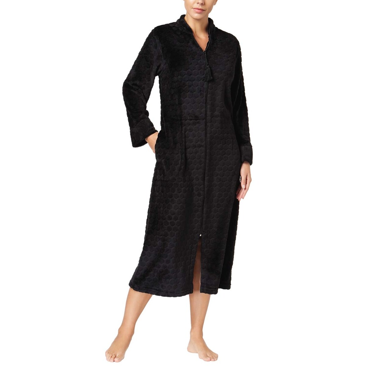 Shop Miss Elaine Womens Black Dot Textured Fleece Zip Front Long Robe X Large Overstock 19990667