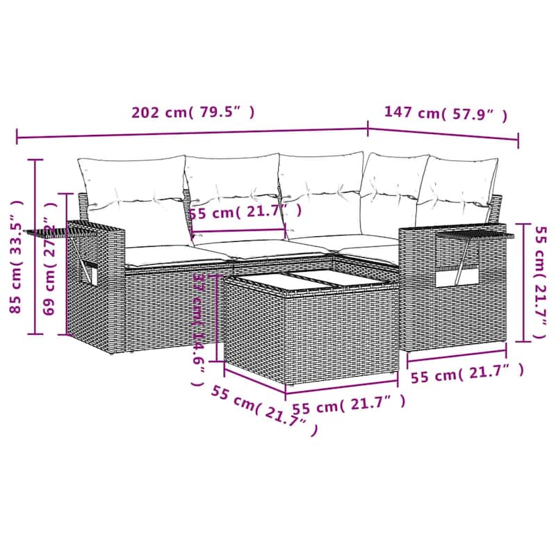 vidaXL Patio Sofa Set with Cushions Outdoor Conversation Furniture Poly Rattan - 24.4 x 24.4 x 27.2