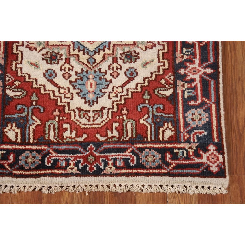 Ivory Geometric Heriz Serapi Runner Rug Hand-Knotted Wool Carpet - 2'6"x 7'10"