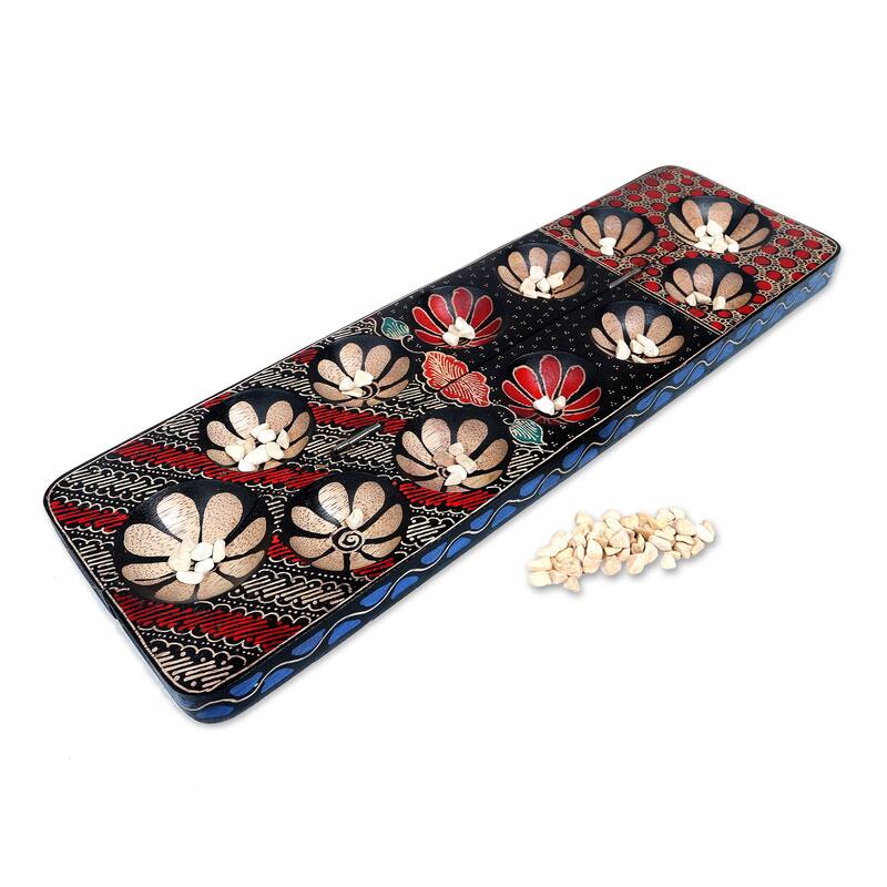 Novica Handmade Fun Parang Blue Wood Batik Mancala Board Game