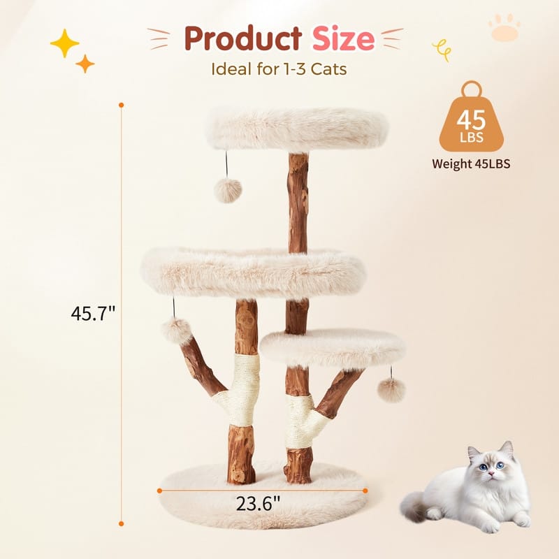 46"H Wood Cat Tree Tower with Scratching Posts, Modern Cat Furniture for Indoor Cats