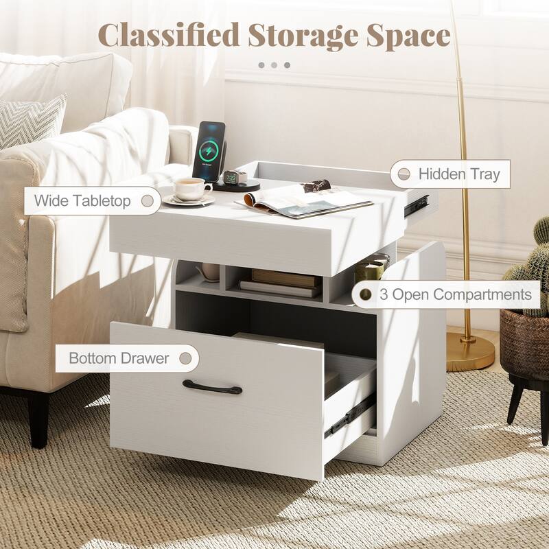 Gymax 2PCS Nightstand w/Charging Station Drawer Sliding Top Storage
