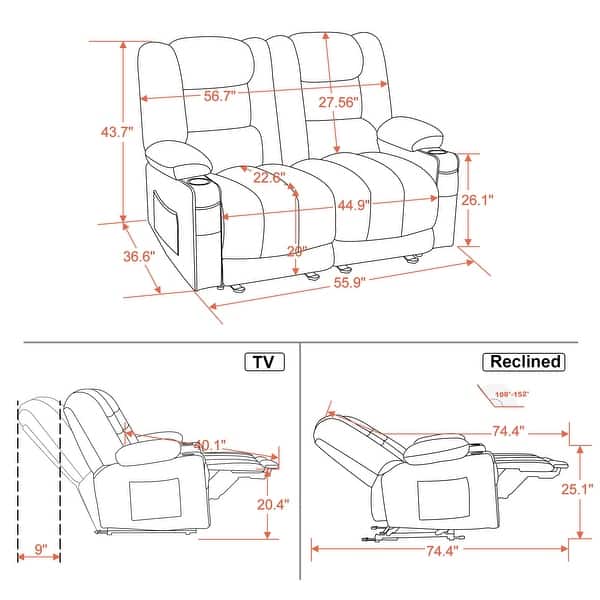dimension image slide 0 of 2, MCombo Power Reclining Loveseat Sofa with Heat and Massage, Fabric PR648