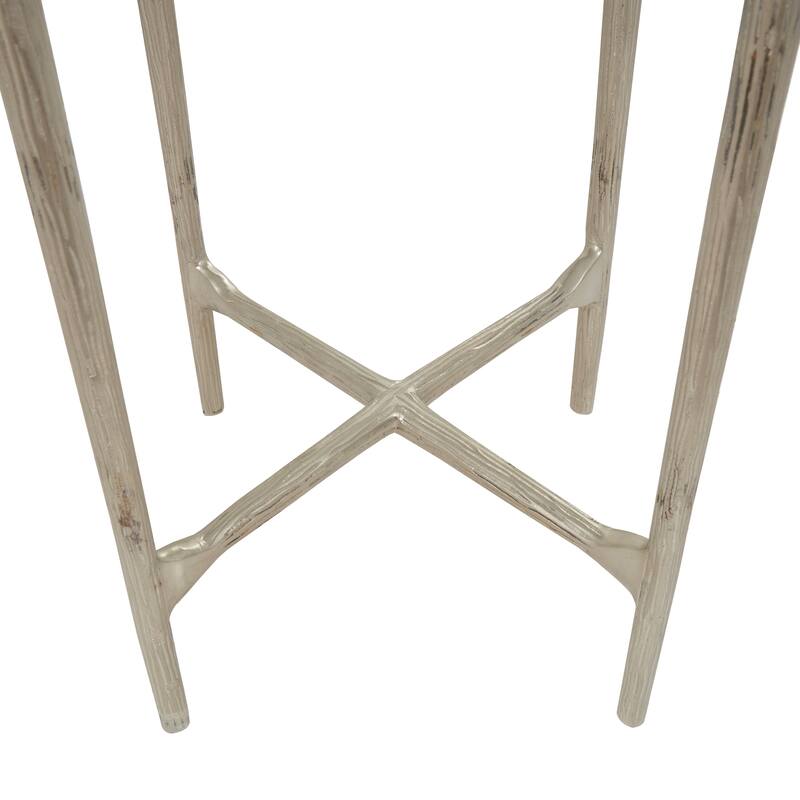 Gold or Silver Aluminum Metal Textured Accent Table with Glass Tabletop