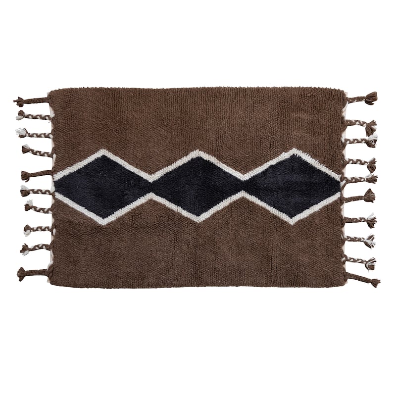 Cotton and Wool Blend Rug with Pattern and Braided Tassels - 72.0"L x 48.0"W x 0.5"H - 72.0"L x 48.0"W x 0.5"H - Ivory