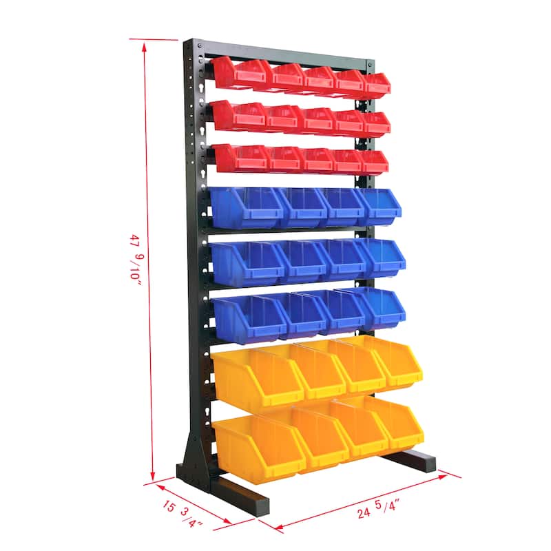 King's Rack Hanging Bin Rack Storage System Heavy Duty Steel Rack Organizer Shelving Unit w/ 70 Plastic Bins in 8 tiers.