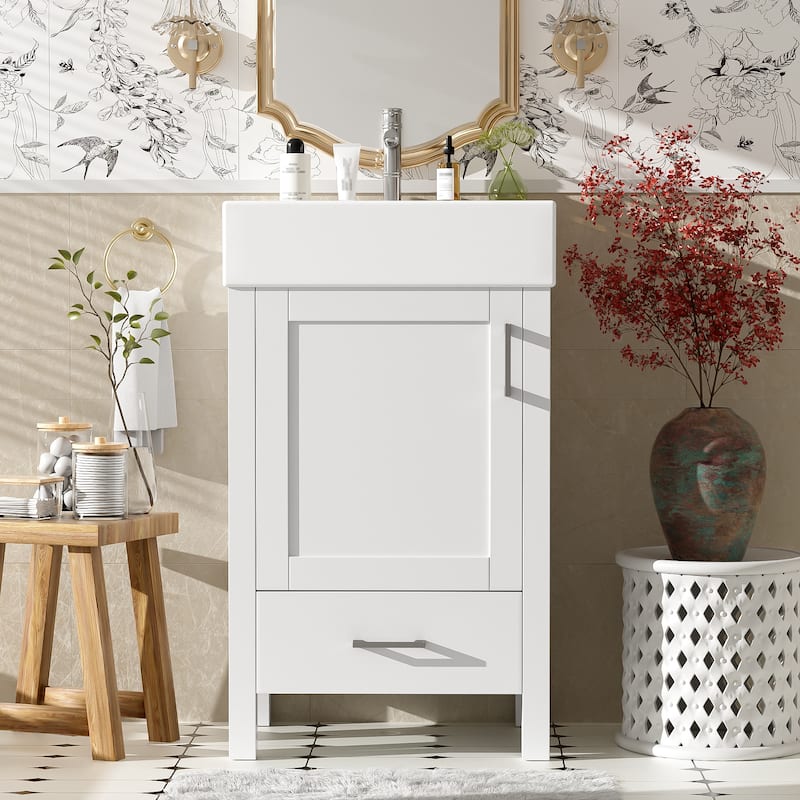 Minimalist Design Storage Cabinet Bathroom Vanity with Drop-In Ceramic Sink, Drawer, Silver Metal Handles and Plastic Feet Pads - White