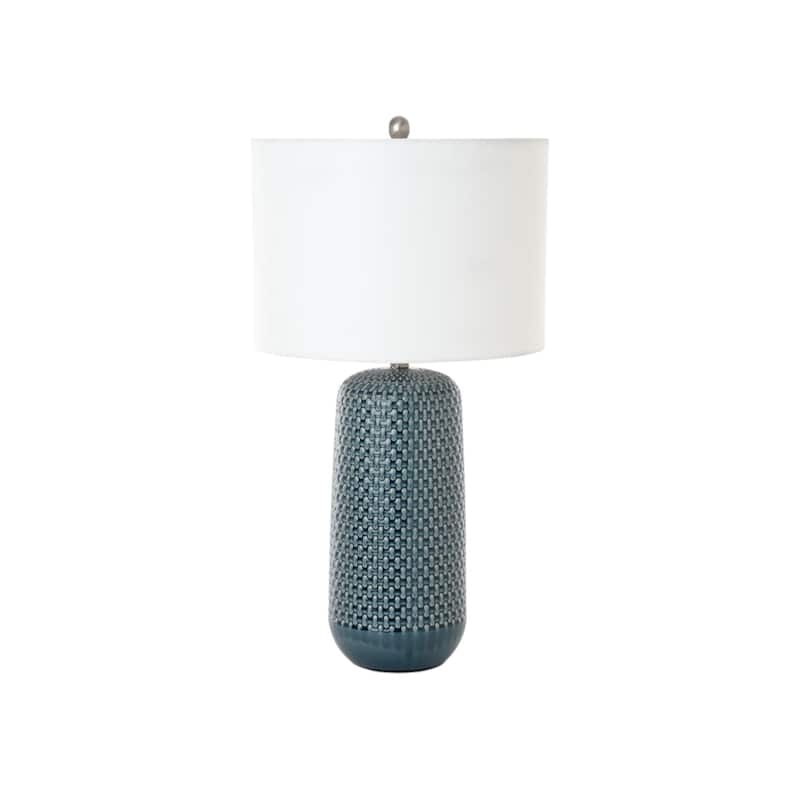 HomeRoots Set of Two 30" Blue Ceramic Geometric Table Lamp With White Drum Shade - 16' X '30' X '16