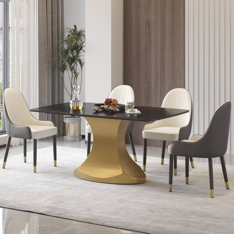 Dining Table for 6~8 Person, Faux Marble Kitchen Dining Table with Gold Pedestal.