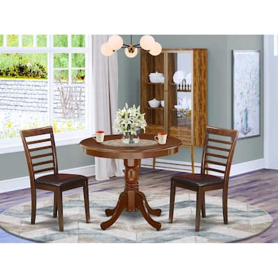 Round Pedestal Dining Table Set - 3 Piece Kitchen Chairs - 36 Inch Mahogany Finish - Small Space Dining