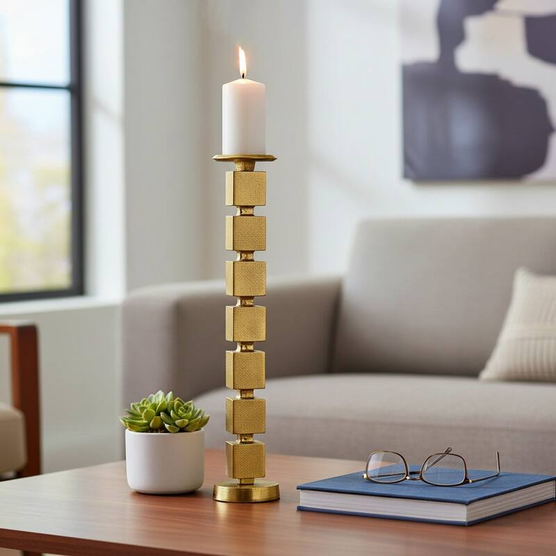 Metal Stacked Cubes Pillar Candle Holder - Gold, 24 in.
