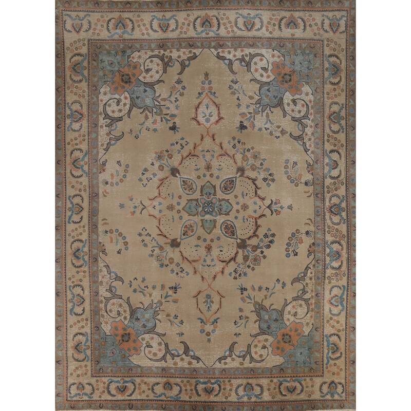 Tabriz Persian Vintage Area Rug Hand-Knotted Beige Wool Carpet - 9'6"x 12'5"