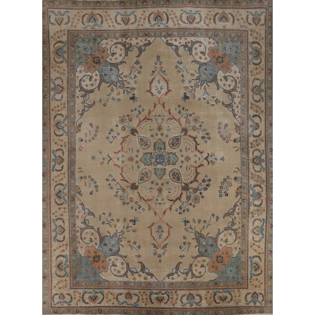 Tabriz Persian Vintage Area Rug Hand-Knotted Beige Wool Carpet - 9'6"x 12'5"