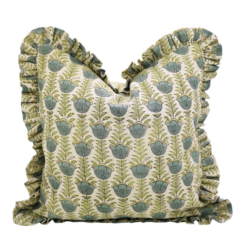 Fabdivine Handmade Block Print Floral Frill Both Side Soft Boho Pure Linen Pillow Cover - Lotus- Mustard, Grey - 24" x 24" - Cover Only