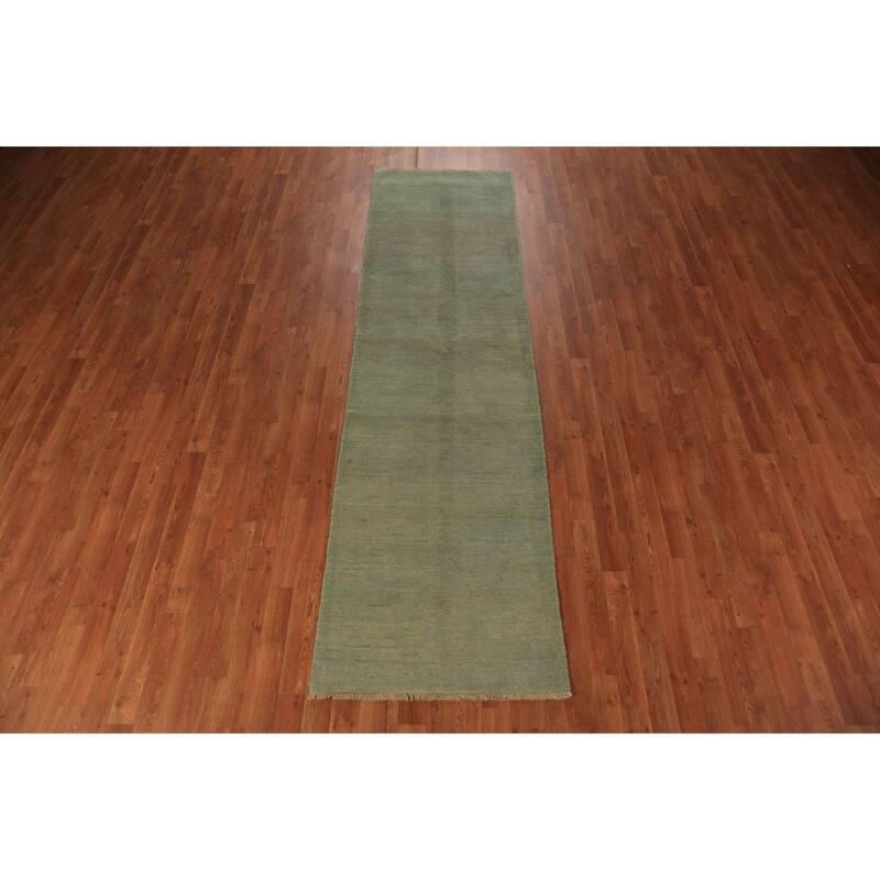 Green Gabbeh Modern Runner Rug Handmade Wool Carpet - 2'7" x 9'7"