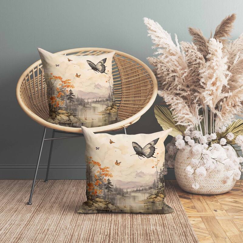 Fluttering Floral Heights Faux Suede Reversible Throw Pillow Yellow and Orange