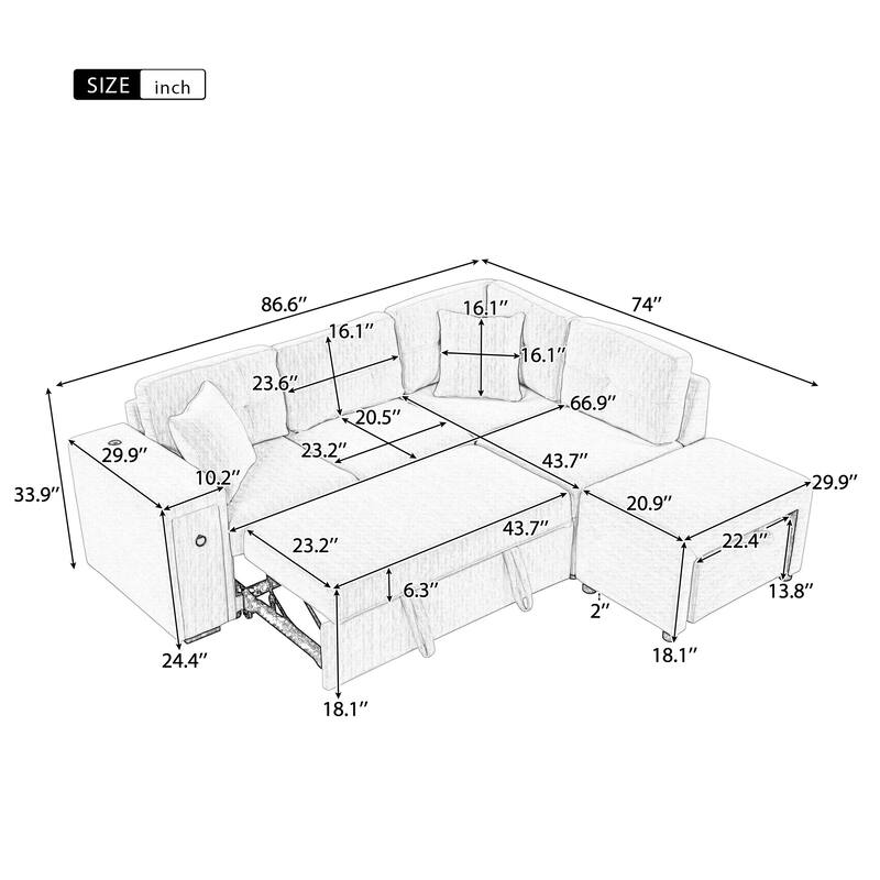 Beige 86.6" L-Shaped 4-Seat Sectional Sofa with Pull-Out Bed, Movable Ottoman, USB Ports, and Cup Holder Drop-Down Table