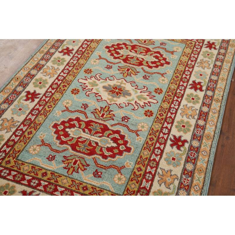 Turquoise Kazak Oriental Accent Rug Hand-Knotted Wool Carpet - 2'7" x 4'1"